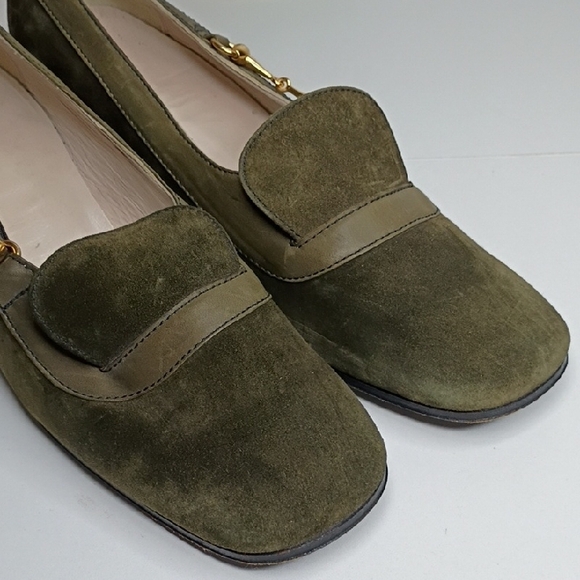 Vintage Gucci Olive Green Suede Block Kitten Heel Loafers Size 37 6.5 Vintage - Picture 3 of 13